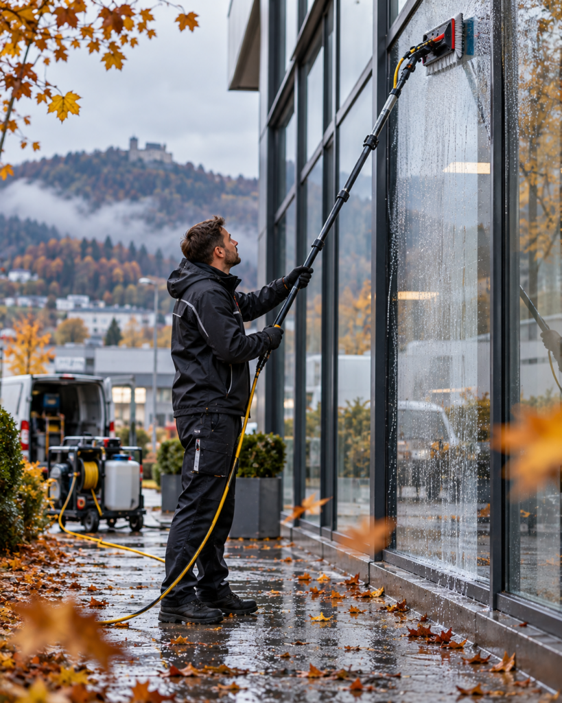 Glasreinigung im Herbst. Sapper Dienstleistungen
